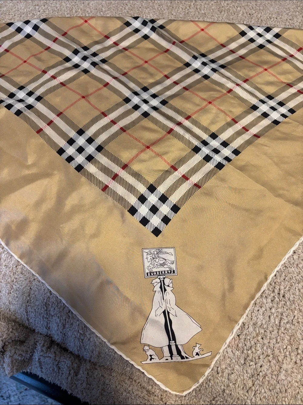 Burberry Vintage Nova Check Silk Scarf Plaid Red Black White Hand Stitch